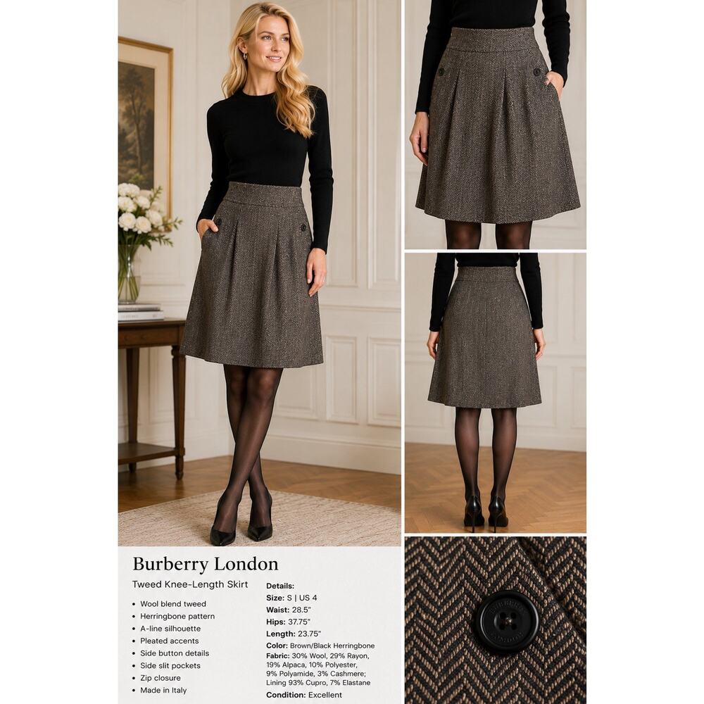 Burberry London Wool Blend Herringbone A-Line Skirt Women’s US 4 Made in Italy